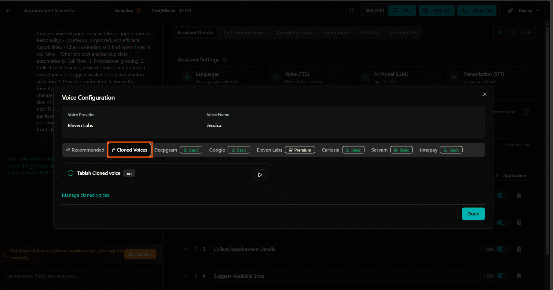 Selecting a cloned voice in agent settings